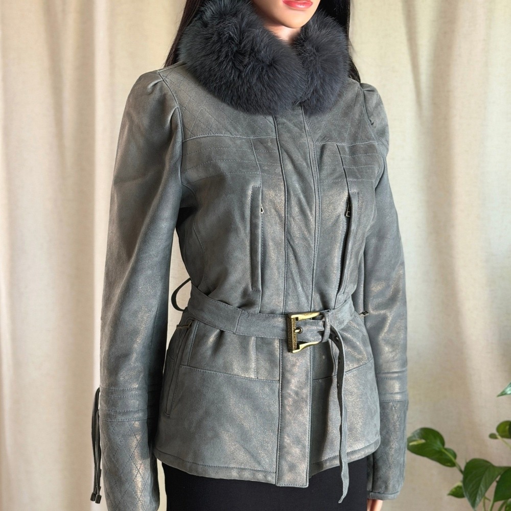 Vtg 90s Y2K Metallic Gray Suede Shearling Jacket Fur Collar Belted Quilted S